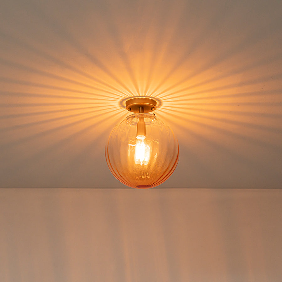 Art Deco 1-Light Blue Ribbed Glass Globe Semi Flush Mount