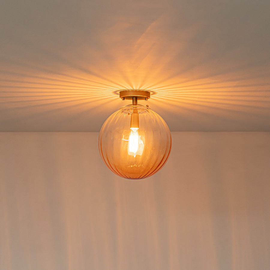 Art Deco 1-Light Blue Ribbed Glass Globe Semi Flush Mount