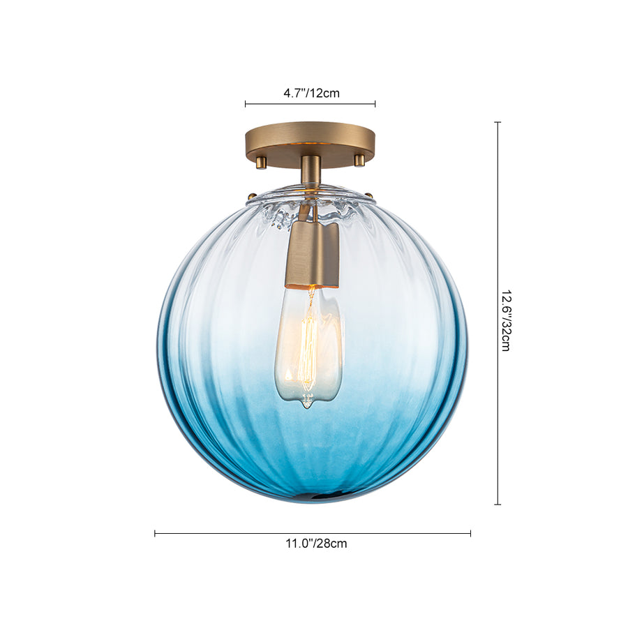 Art Deco 1-Light Blue Ribbed Glass Globe Semi Flush Mount