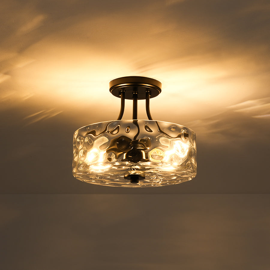 Round Drum Hammered Glass Semi Flush Mount