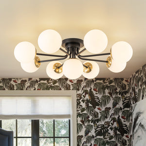 9-Light Opal Glass Bubble Round Sunburst Sputnik Semi Flush Mount