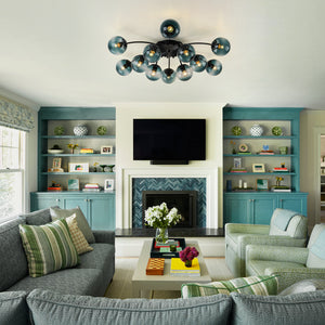 Glam Bloom 12-Light Blue Glass Bubble Semi Flush Chandelier