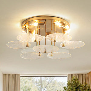 Bloom Brass 6-Light Tiered Rippled Glass Round Semi Flush Mount