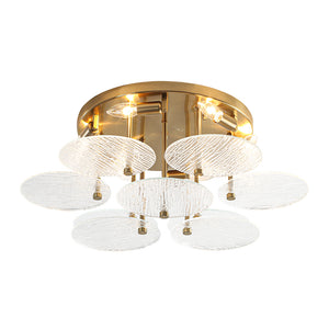 Bloom Brass 6-Light Tiered Rippled Glass Round Semi Flush Mount