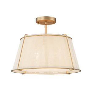 Boho Beige Woven Thread Drum Cage Brass Semi Flush Mount