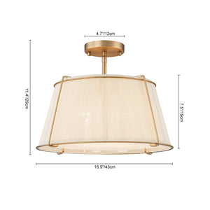 Boho Beige Woven Thread Drum Cage Brass Semi Flush Mount