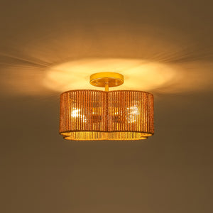 Boho Brown Woven Rope Quatrefoil Cage Semi Flush Mount