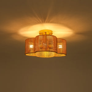 Boho Brown Woven Rope Quatrefoil Cage Semi Flush Mount