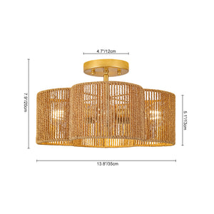 Boho Brown Woven Rope Quatrefoil Cage Semi Flush Mount