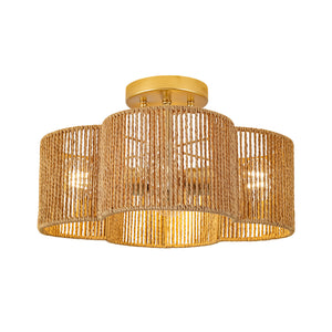 Boho Brown Woven Rope Quatrefoil Cage Semi Flush Mount