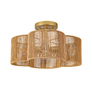 Boho Brown Woven Rope Quatrefoil Cage Semi Flush Mount