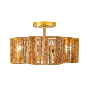 Boho Brown Woven Rope Quatrefoil Cage Semi Flush Mount