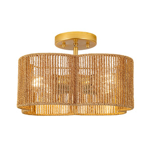 Boho Brown Woven Rope Quatrefoil Cage Semi Flush Mount