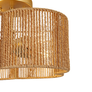 Boho Brown Woven Rope Quatrefoil Cage Semi Flush Mount