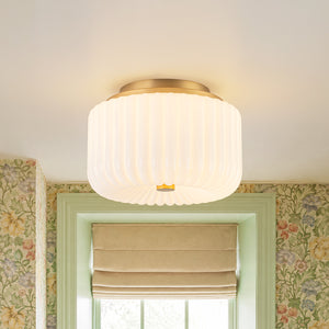 2-Light Shine Opal Ribbed Glass Drum Flush Mount