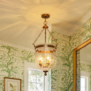 Brass 4-Light Ribbed Glass Bell Jar Lantern Pendant / Semi Flush