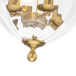 Brass 4-Light Ribbed Glass Bell Jar Lantern Pendant / Semi Flush