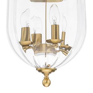 Brass 4-Light Ribbed Glass Bell Jar Lantern Pendant / Semi Flush