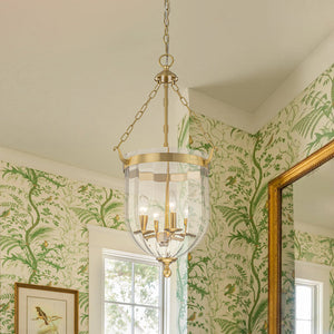 Brass 4-Light Ribbed Glass Bell Jar Lantern Pendant / Semi Flush