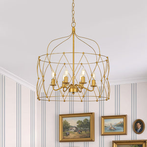Brass 6-Light Candle Geometric Metal Drum Lantern Chandelier