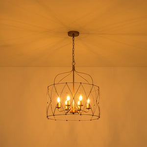 Brass 6-Light Candle Geometric Metal Drum Lantern Chandelier