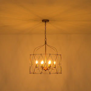 Brass 6-Light Candle Geometric Metal Drum Lantern Chandelier