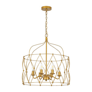 Brass 6-Light Candle Geometric Metal Drum Lantern Chandelier