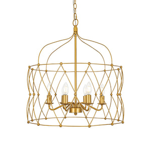 Brass 6-Light Candle Geometric Metal Drum Lantern Chandelier