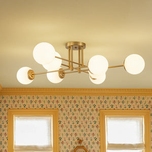 8-Light Opal Glass Globe Linear Sputnik Semi Flush Chandelier