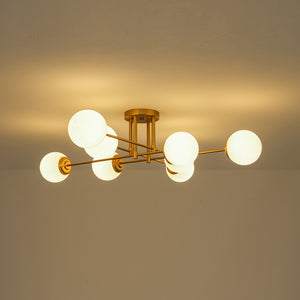 8-Light Opal Glass Globe Linear Sputnik Semi Flush Chandelier