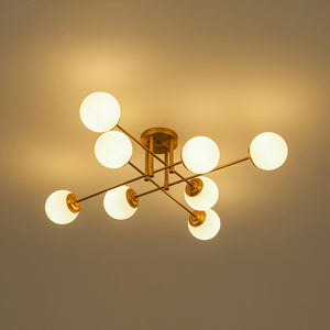8-Light Opal Glass Globe Linear Sputnik Semi Flush Chandelier