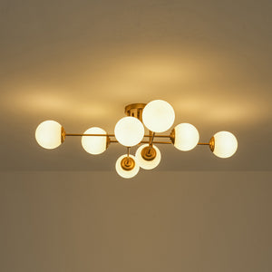 8-Light Opal Glass Globe Linear Sputnik Semi Flush Chandelier