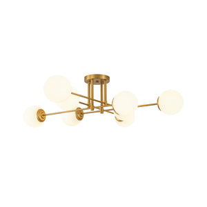 8-Light Opal Glass Globe Linear Sputnik Semi Flush Chandelier