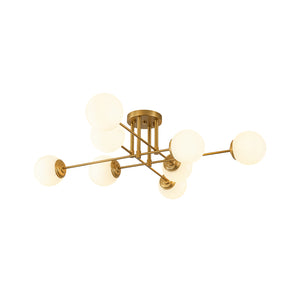8-Light Opal Glass Globe Linear Sputnik Semi Flush Chandelier