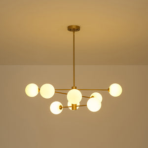 Brass 8-Light Tiered Opal Glass Globe Sputnik Chandelier