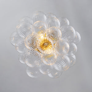 Brass Cluster Ribbed Glass Globe Bubble Semi Flush Chandelier