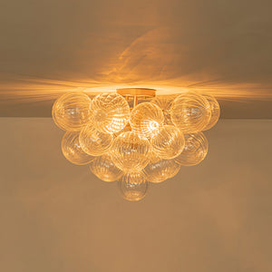 Brass Cluster Ribbed Glass Globe Bubble Semi Flush Chandelier
