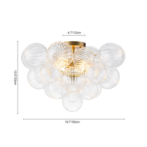 Brass Cluster Ribbed Glass Globe Bubble Semi Flush Chandelier