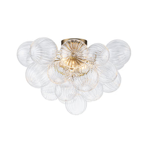 Brass Cluster Ribbed Glass Globe Bubble Semi Flush Chandelier
