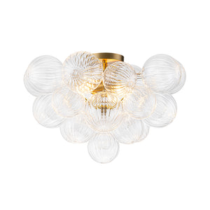 Brass Cluster Ribbed Glass Globe Bubble Semi Flush Chandelier