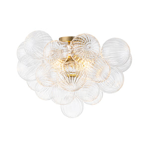 Brass Cluster Ribbed Glass Globe Bubble Semi Flush Chandelier