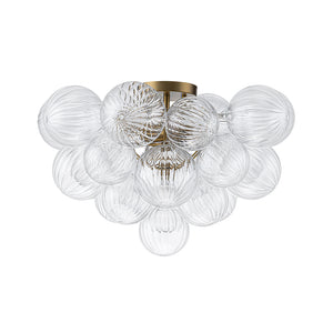 Brass Cluster Ribbed Glass Globe Bubble Semi Flush Chandelier