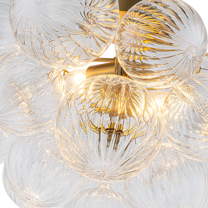 Brass Cluster Ribbed Glass Globe Bubble Semi Flush Chandelier