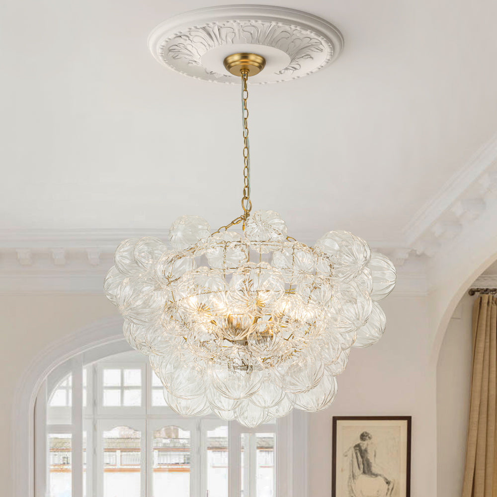 Brass Cluster Texture Glass Globe Bubble Chandelier | LightFixturesUSA