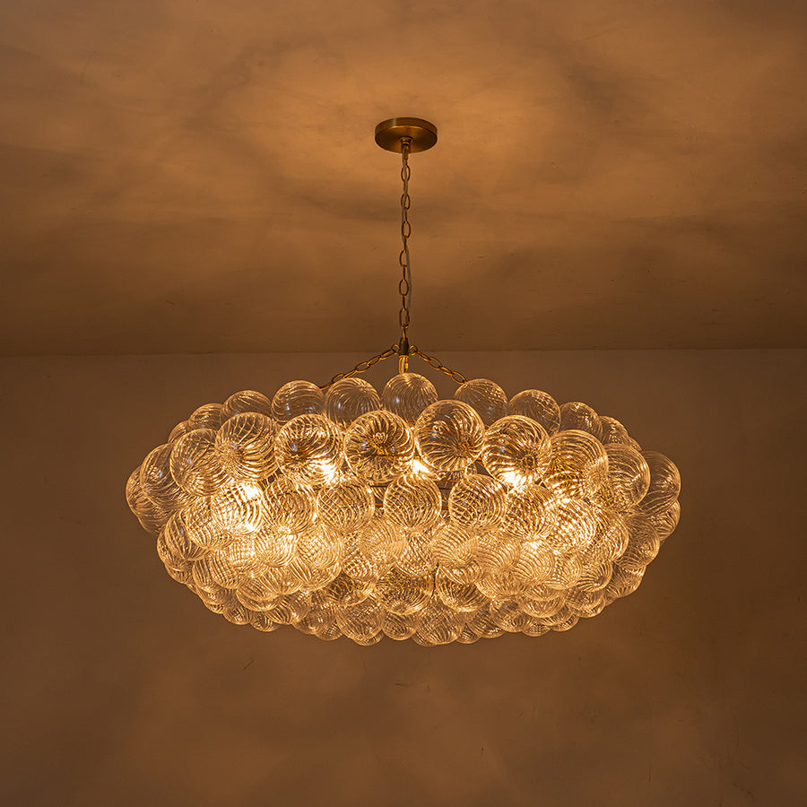 Brass Halo Ribbed Glass Globe Bubble Ring Chandelier