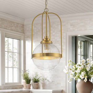 Brass Mid-Century 1-Light Clear Ribbed Glass Globe Pendant