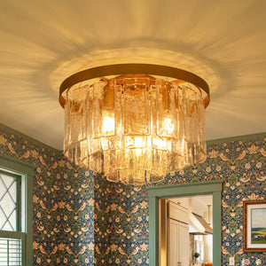 Tiered Hammered Water Glass Round Flush Mount Ceiling Light