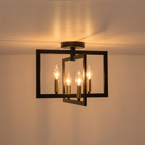 Farmhouse Black Brass 4-Light Square Cage Semi Flush Mount