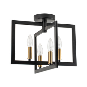 Farmhouse Black Brass 4-Light Square Cage Semi Flush Mount