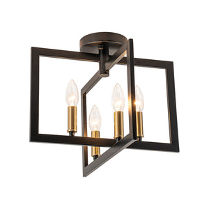 Farmhouse Black Brass 4-Light Square Cage Semi Flush Mount